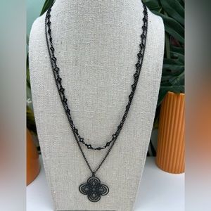 All Black Elegant Fleur de Lis Necklace - Classic Flower Layered Necklace